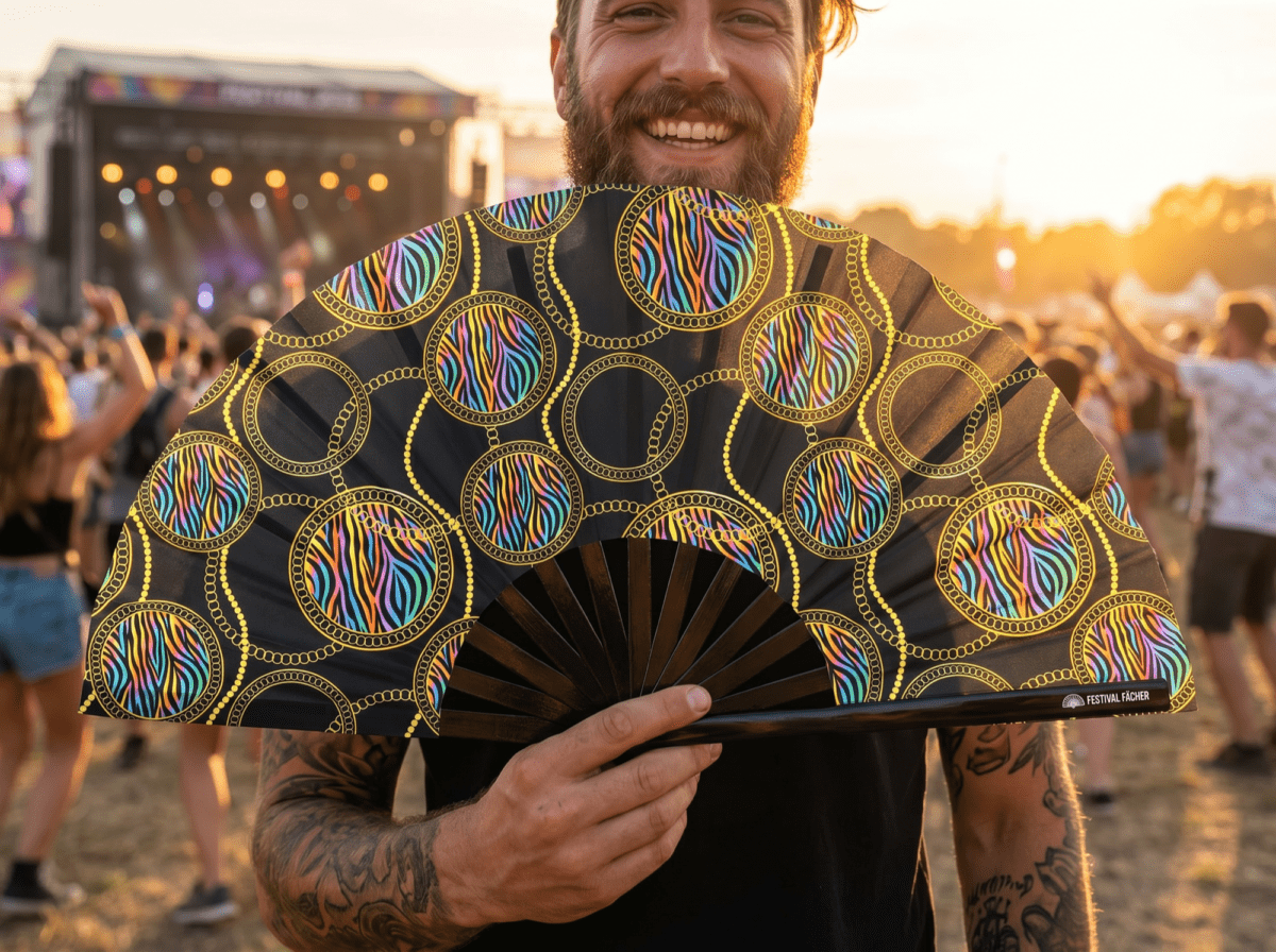 Festival-Fächer Neon-Kreise Schwarz für Techno & Rave – Ansicht 3
