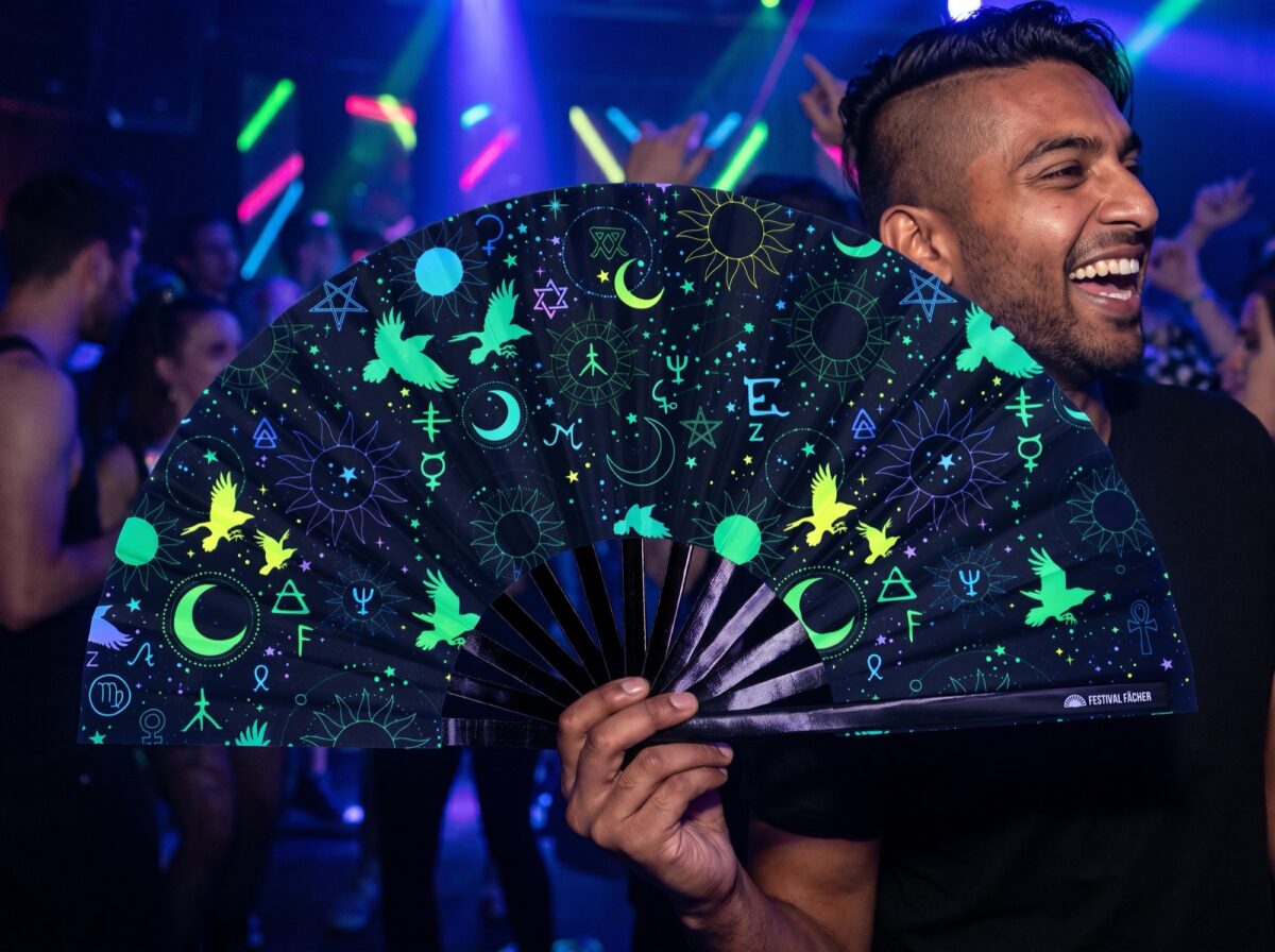 Festival-Fächer Okkult-Symbole Neon Schwarz für Psytrance & Rave – Ansicht 2