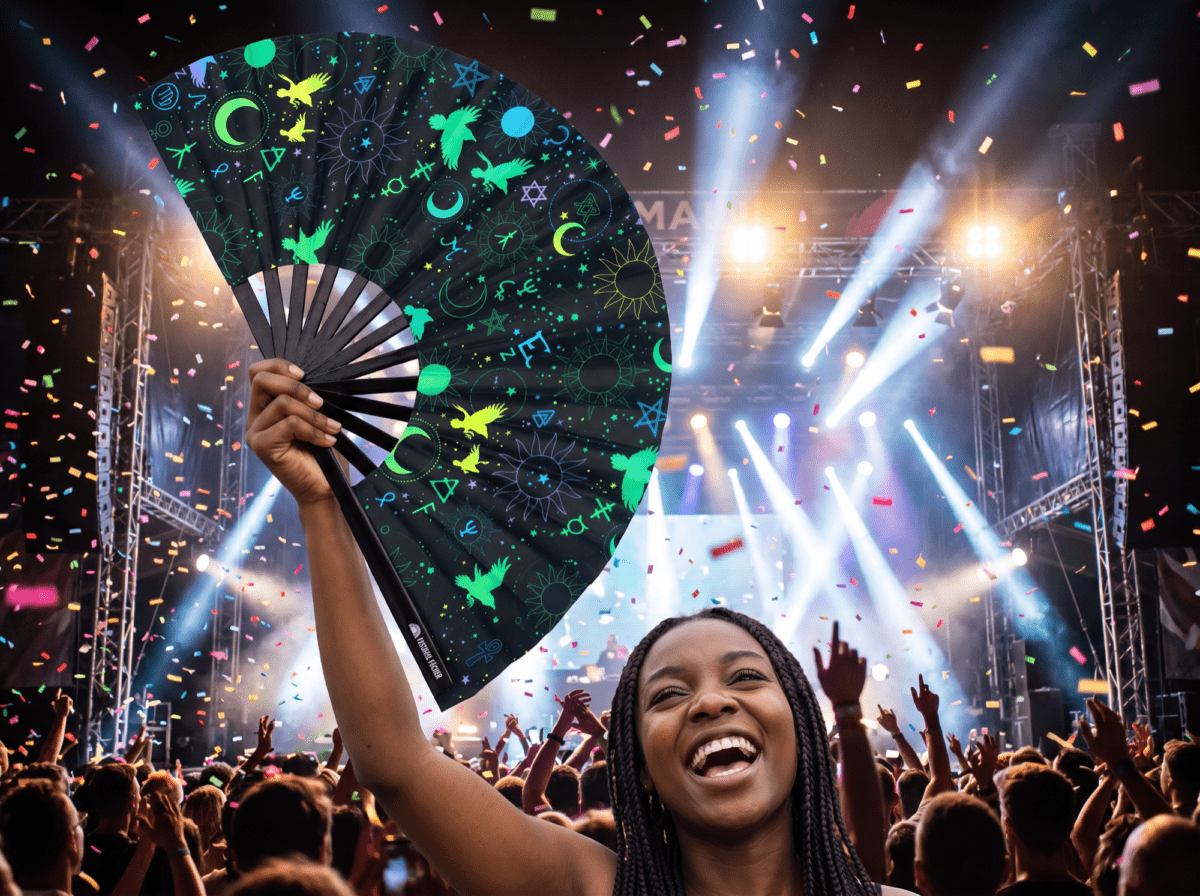 Festival-Fächer Okkult-Symbole Neon Schwarz für Psytrance & Rave – Ansicht 4