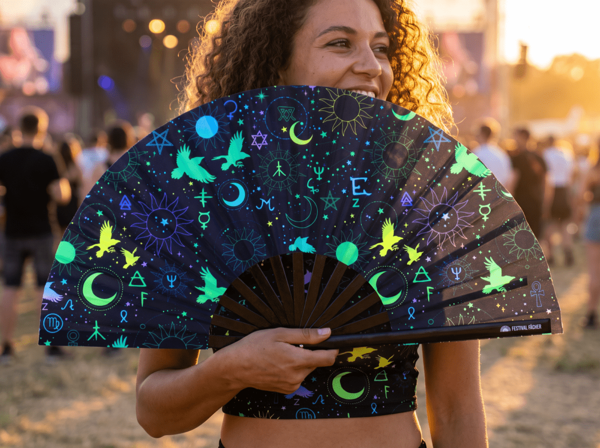 Festival-Fächer Okkult-Symbole Neon Schwarz für Psytrance & Rave – Ansicht 3