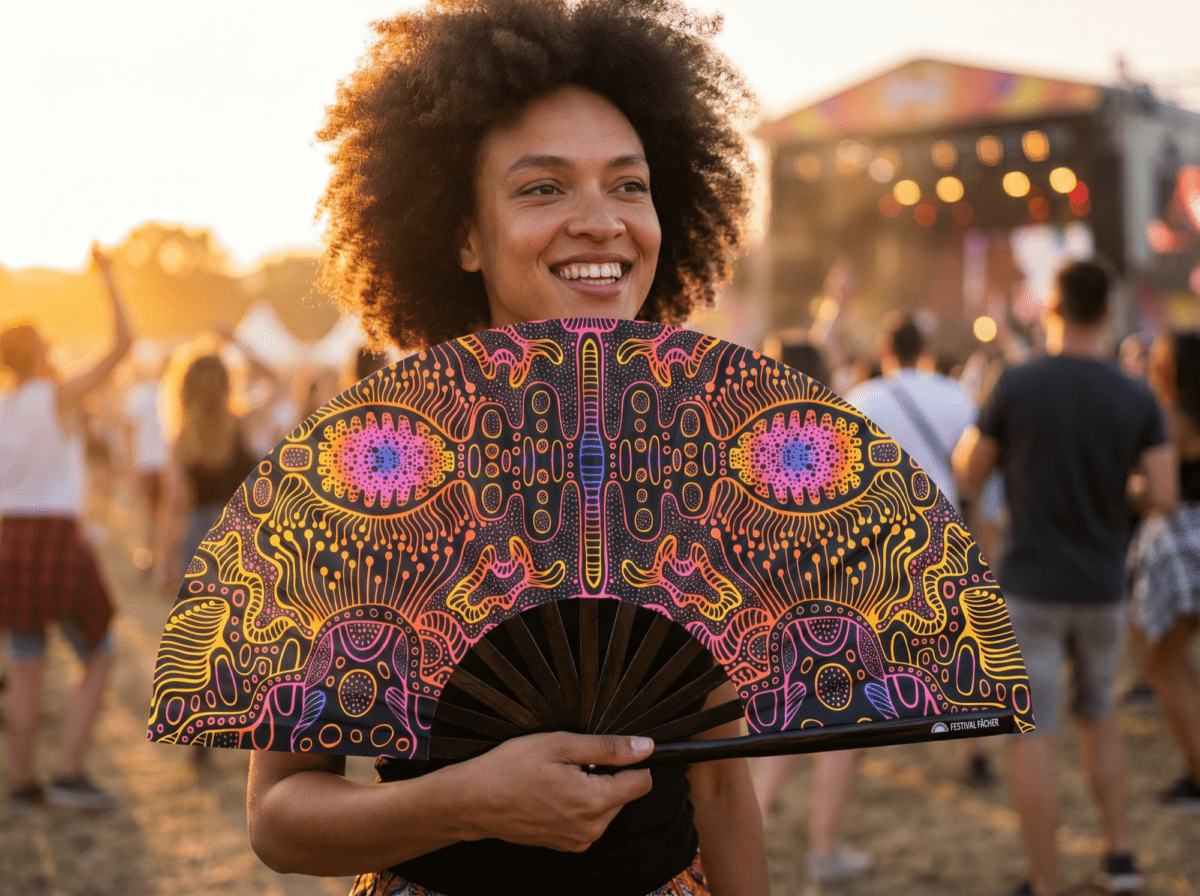 Festival-Fächer Neon-Ornament Schwarz für Psytrance & Goa – Ansicht 3