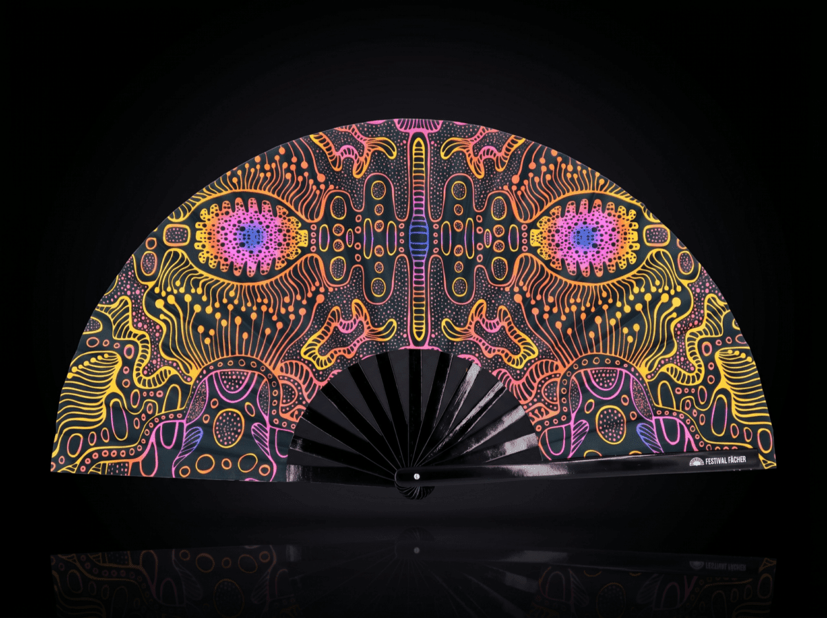 Festival-Fächer Neon-Ornament Schwarz für Psytrance & Goa