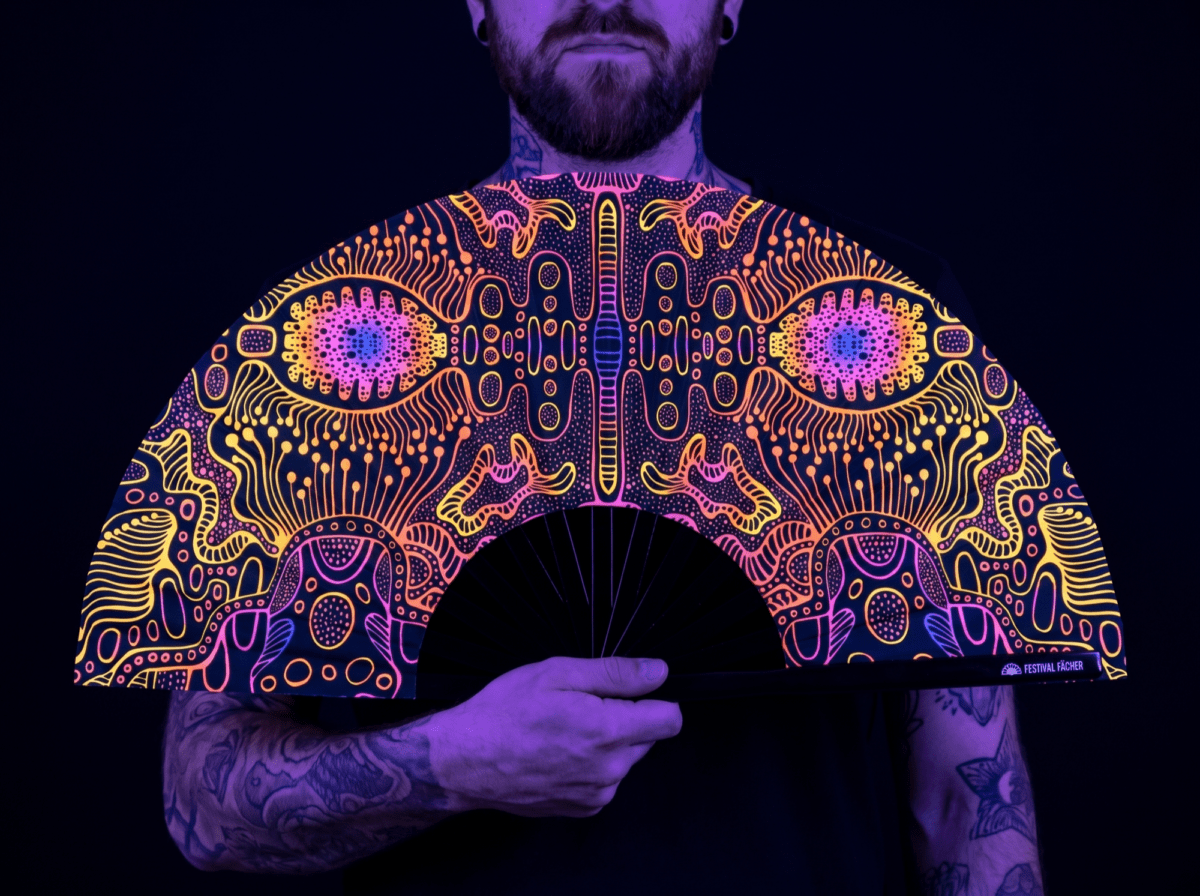 Festival-Fächer Neon-Ornament Schwarz für Psytrance & Goa Rave (UV)