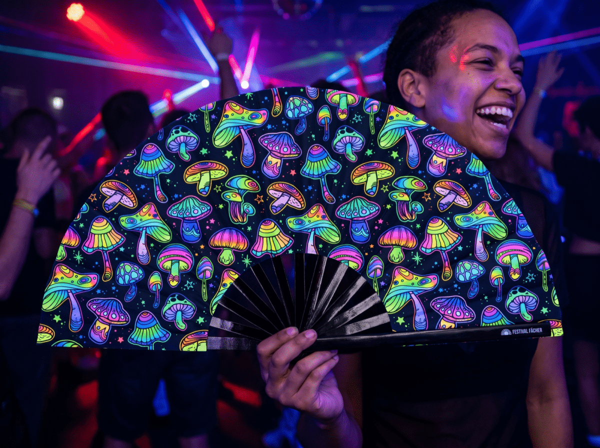 Festival-Fächer Neon-Pilze Bunt auf Schwarz für Psytrance & Goa – Ansicht 2