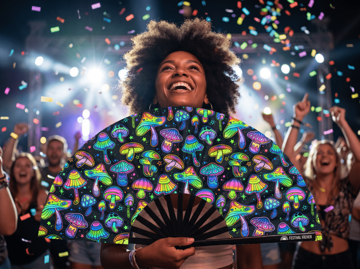 Festival-Fächer Neon-Pilze Bunt auf Schwarz für Psytrance & Goa – Ansicht 4