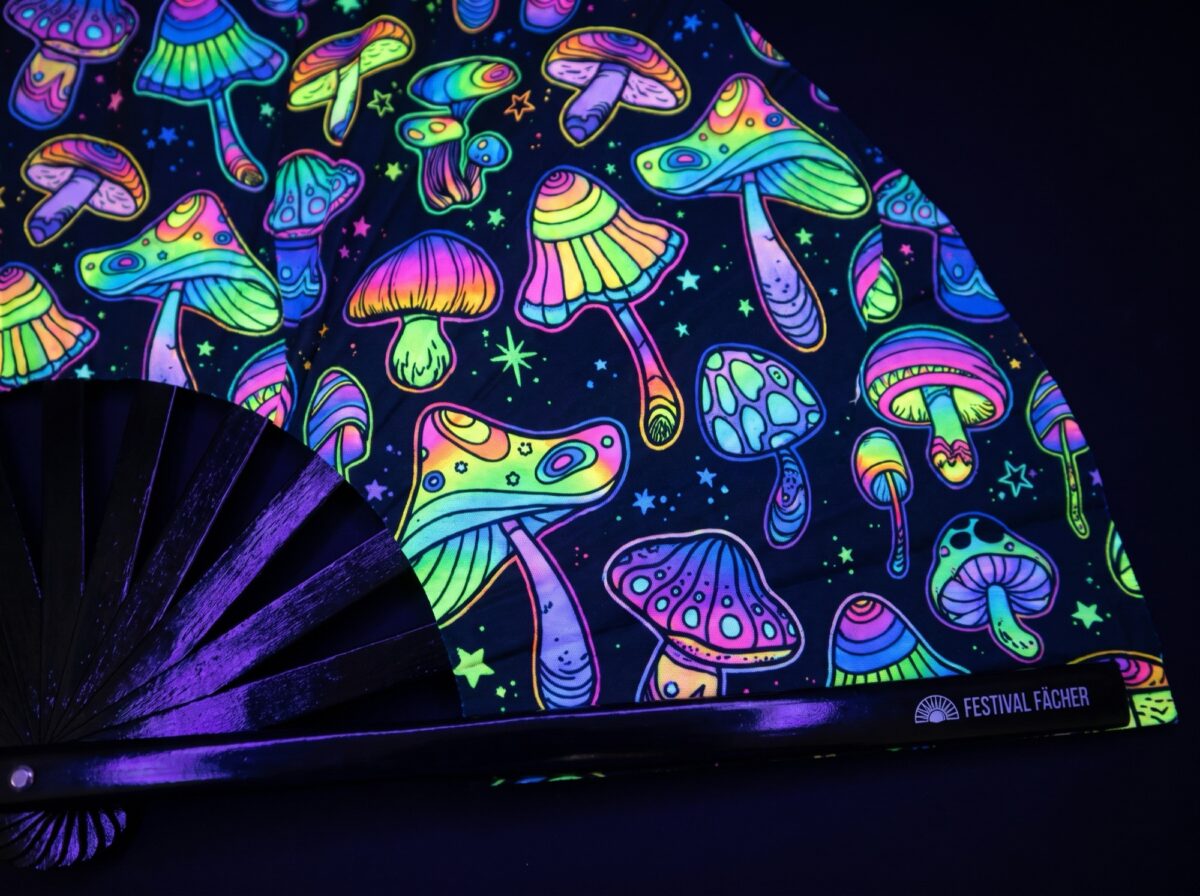 Festival-Fächer Neon-Pilze Bunt auf Schwarz für Psytrance & Goa – Ansicht 5