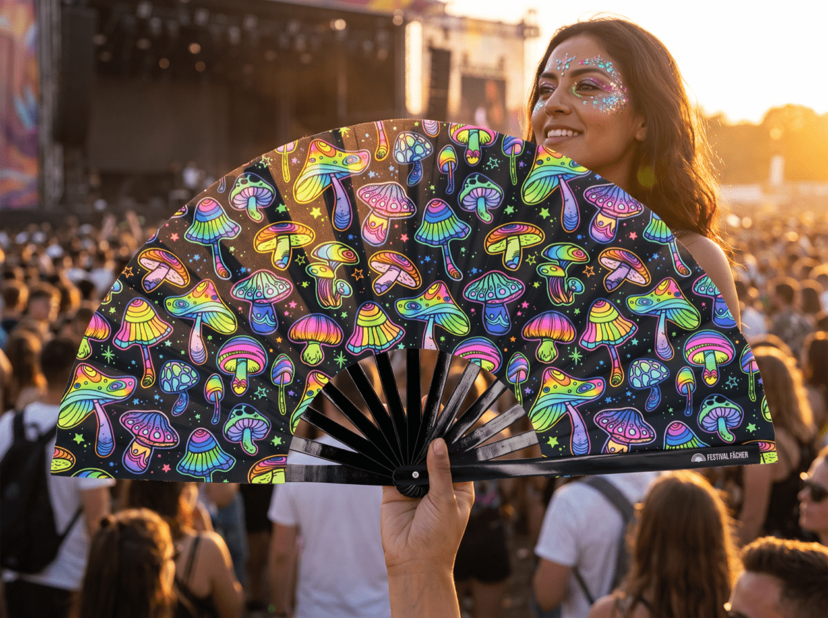 Festival-Fächer Neon-Pilze Bunt auf Schwarz für Psytrance & Goa – Ansicht 3