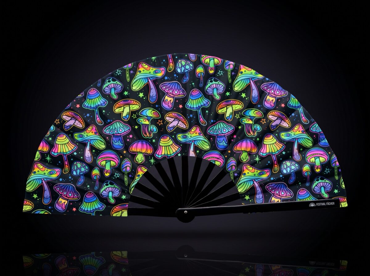 Festival-Fächer Neon-Pilze Bunt auf Schwarz für Psytrance & Goa
