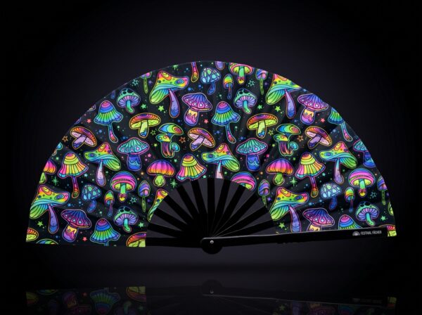 Festival-Fächer Neon-Pilze Bunt auf Schwarz für Psytrance & Goa