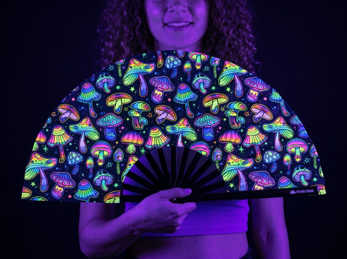 Festival-Fächer Neon-Pilze Bunt auf Schwarz für Psytrance & Goa Rave (UV)