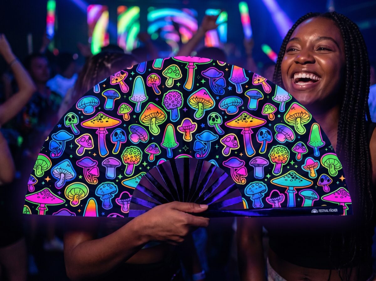 Festival-Fächer Neon-Pilze Airbrush Schwarz für Goa & Psytrance – Ansicht 2