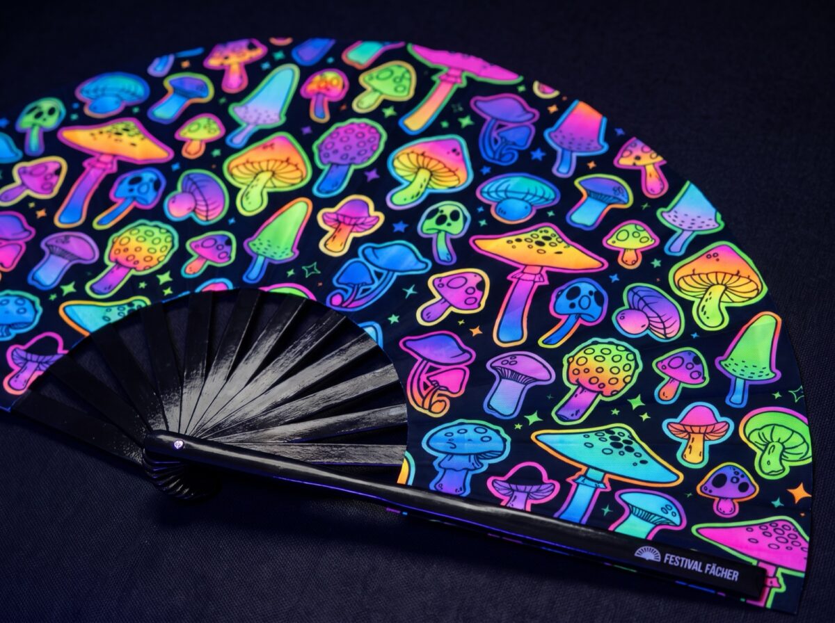 Festival-Fächer Neon-Pilze Airbrush Schwarz für Goa & Psytrance – Ansicht 5
