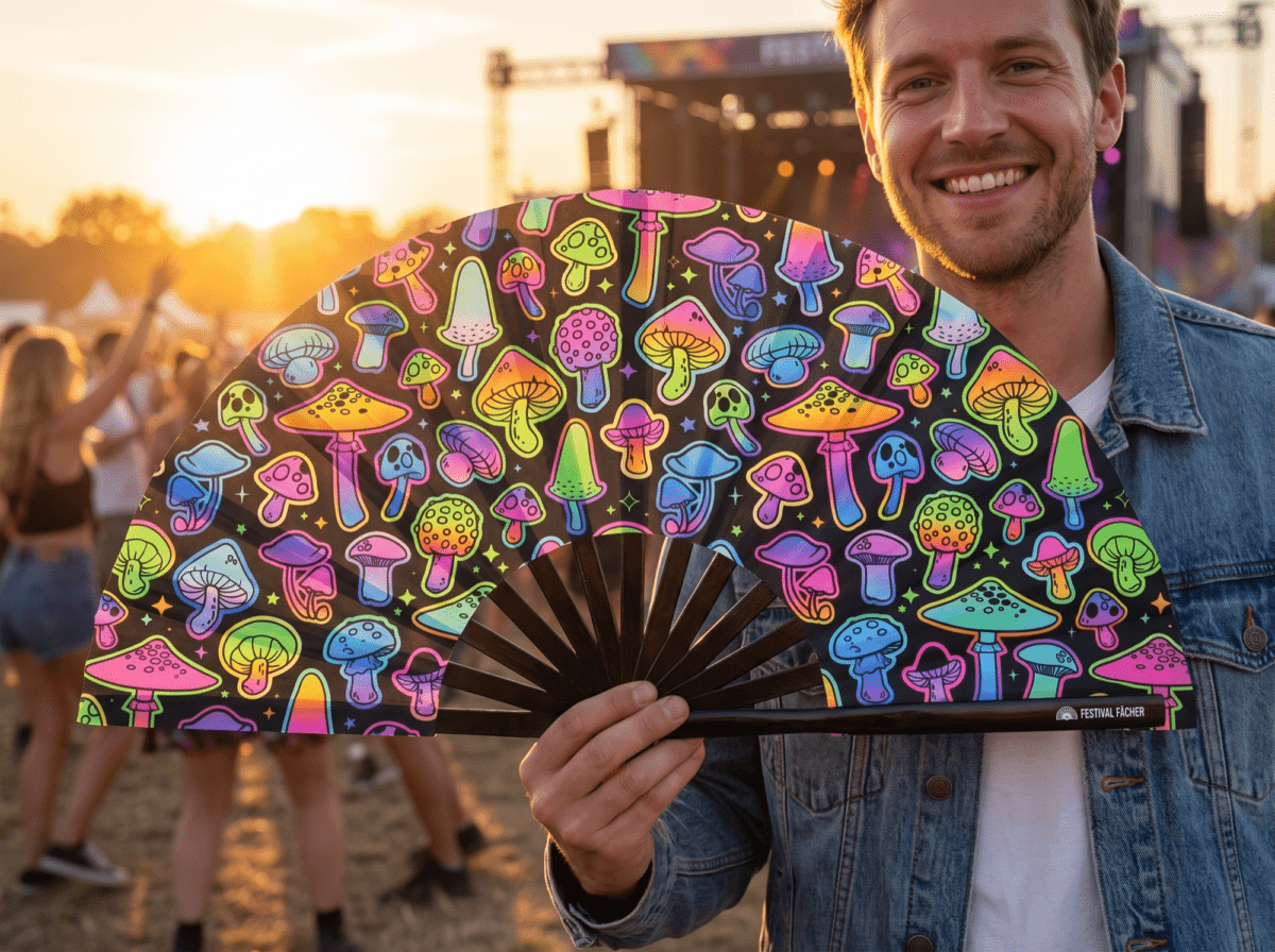 Festival-Fächer Neon-Pilze Airbrush Schwarz für Goa & Psytrance – Ansicht 3