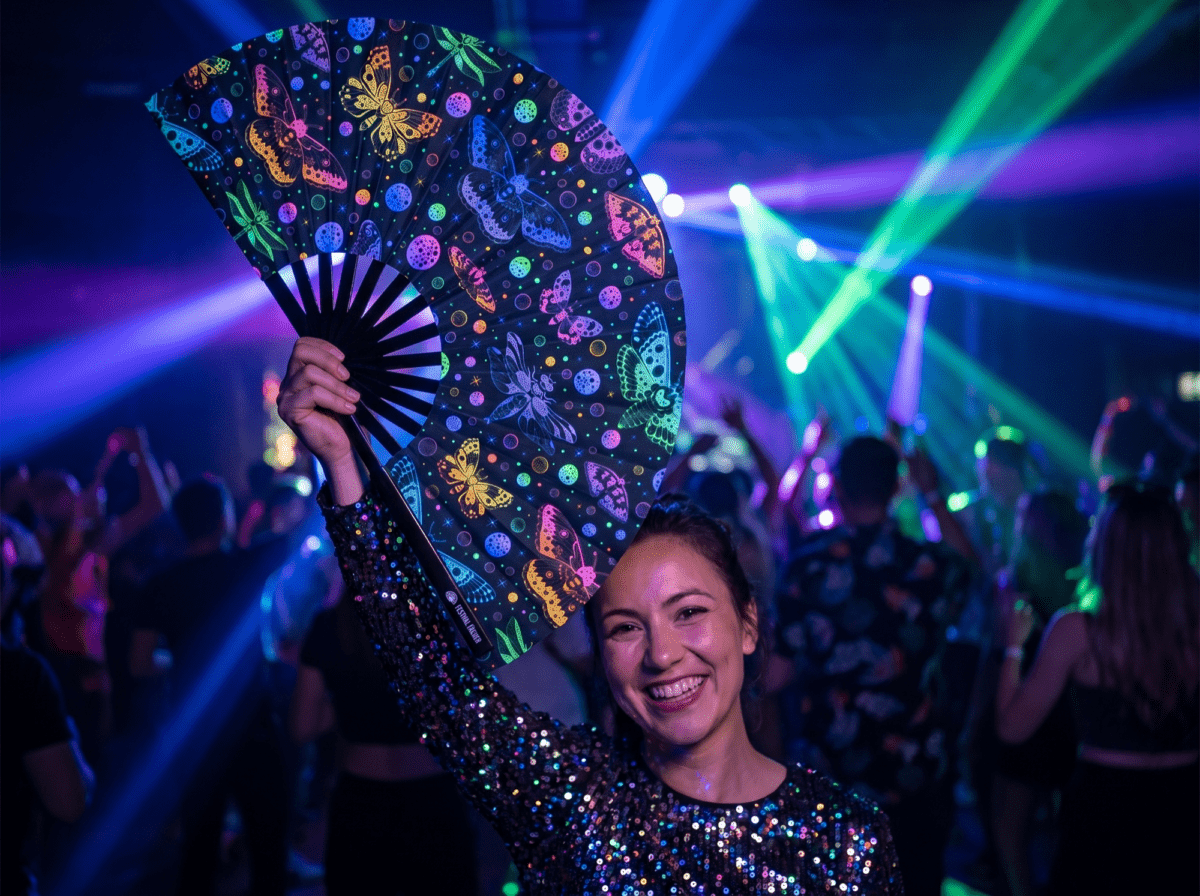 Festival-Fächer Neon-Schmetterlinge Schwarz für Rave & Blacklight – Ansicht 2