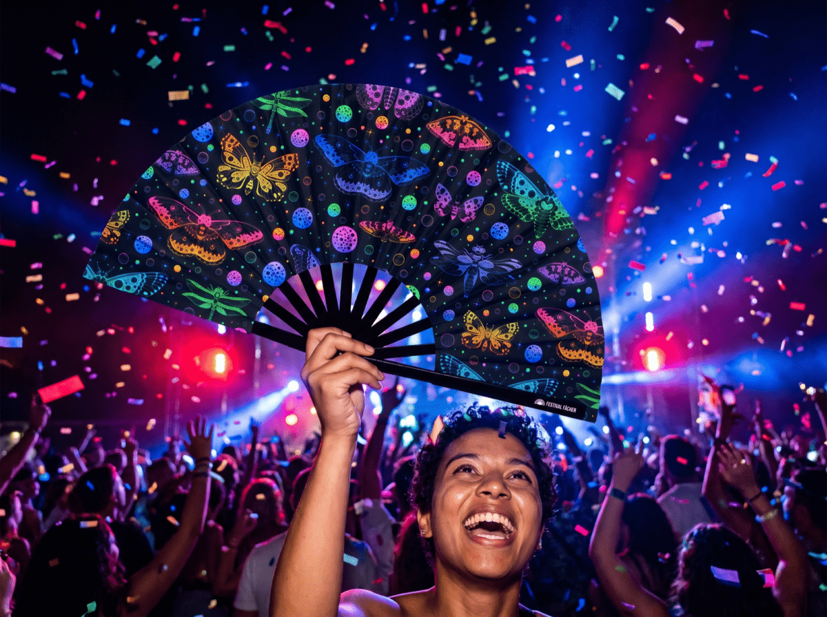Festival-Fächer Neon-Schmetterlinge Schwarz für Rave & Blacklight – Ansicht 4
