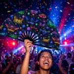 Festival-Fächer Neon-Schmetterlinge Schwarz für Rave & Blacklight – Ansicht 4