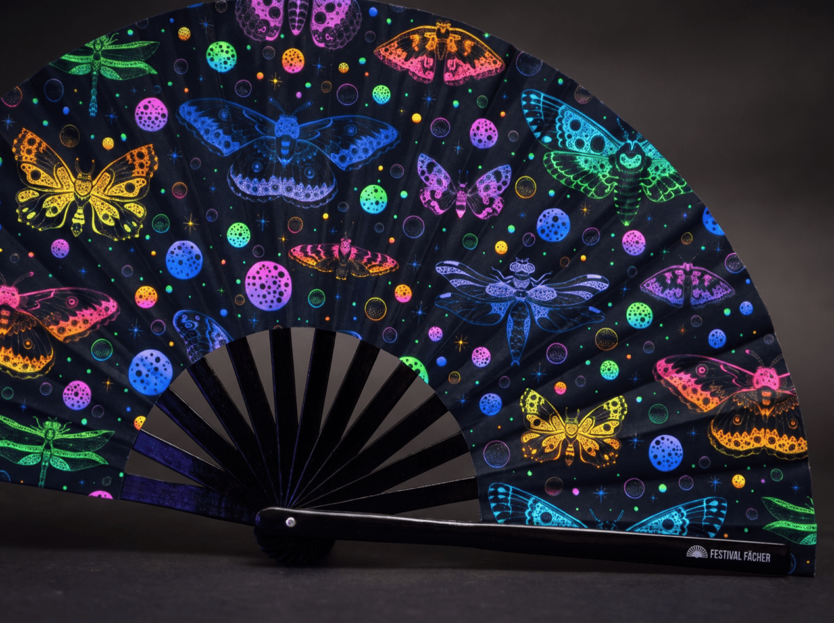 Festival-Fächer Neon-Schmetterlinge Schwarz für Rave & Blacklight – Ansicht 5