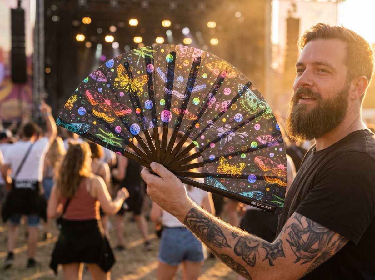 Festival-Fächer Neon-Schmetterlinge Schwarz für Rave & Blacklight – Ansicht 3