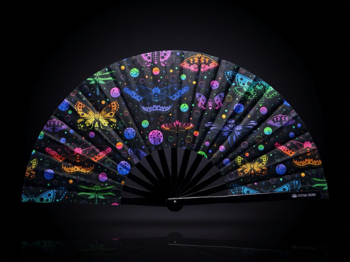 Festival-Fächer Neon-Schmetterlinge Schwarz für Rave & Blacklight