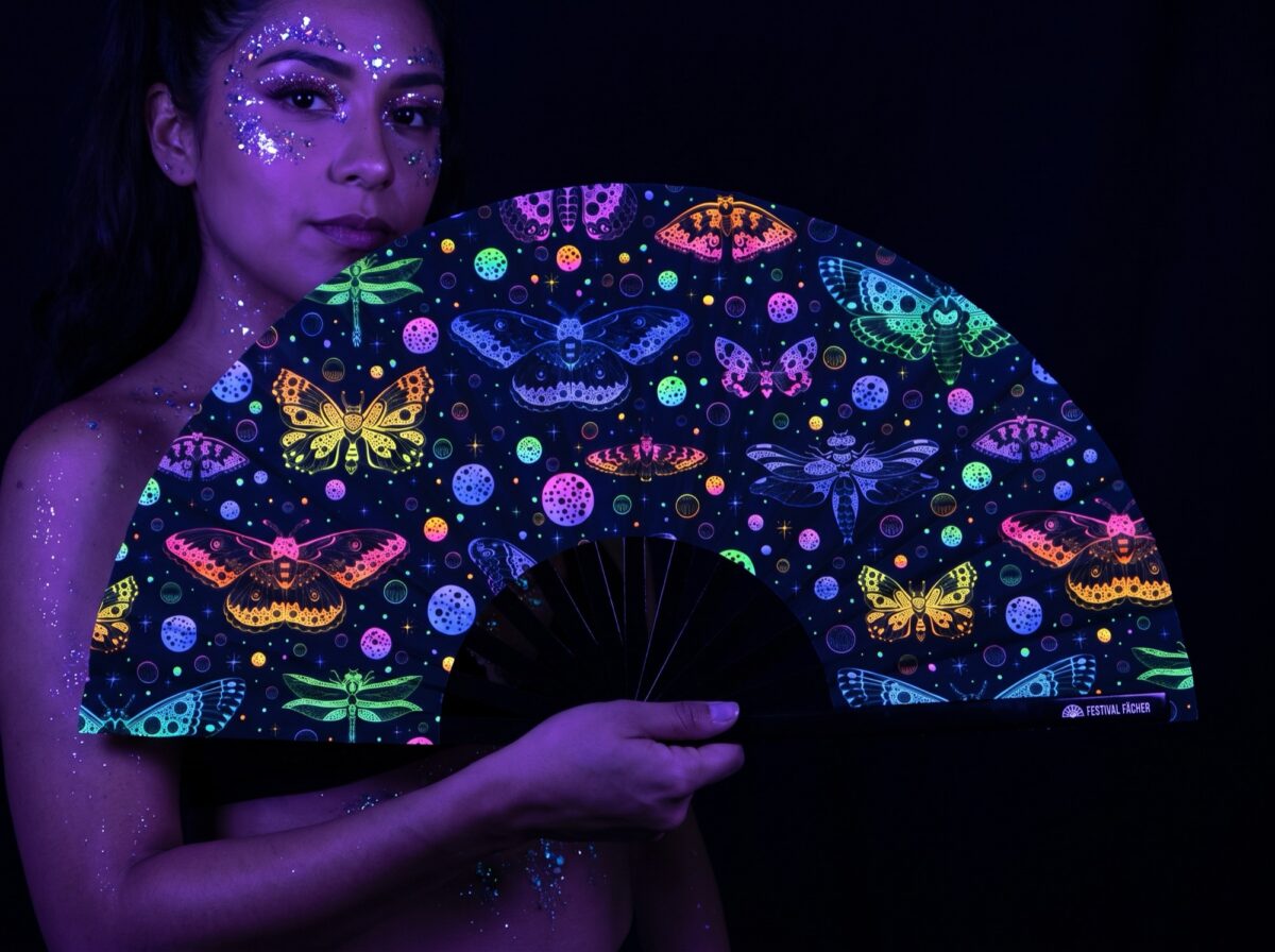 Festival-Fächer Neon-Schmetterlinge Schwarz für Rave & Blacklight Rave (UV)