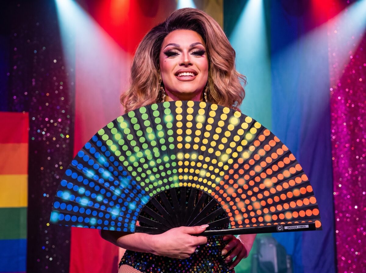 Festival-Fächer Schwarz mit Regenbogen-Punkten, Rave & CSD – Ansicht 5