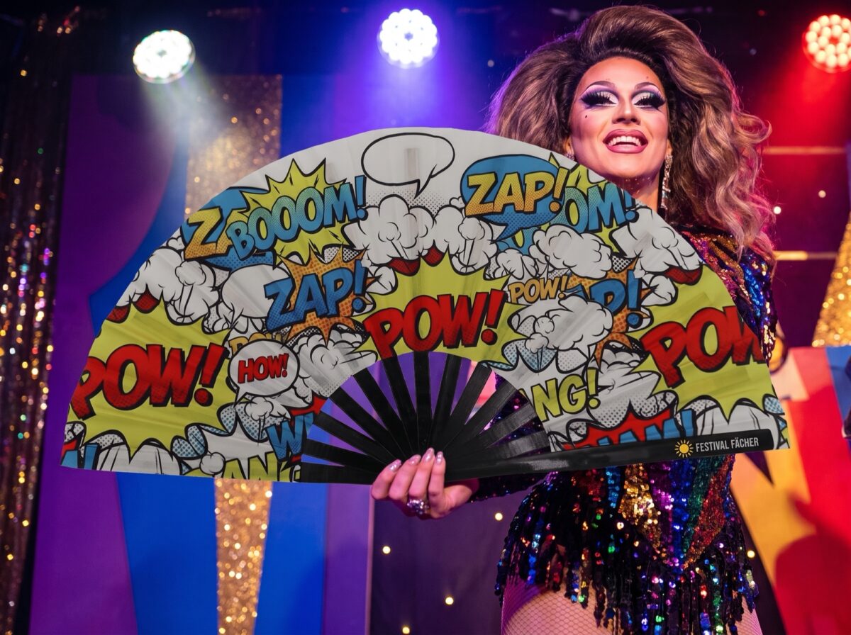 Festival-Fächer „ZAP BOOM POW“ Gelb Comic, Rave & Party – Ansicht 5