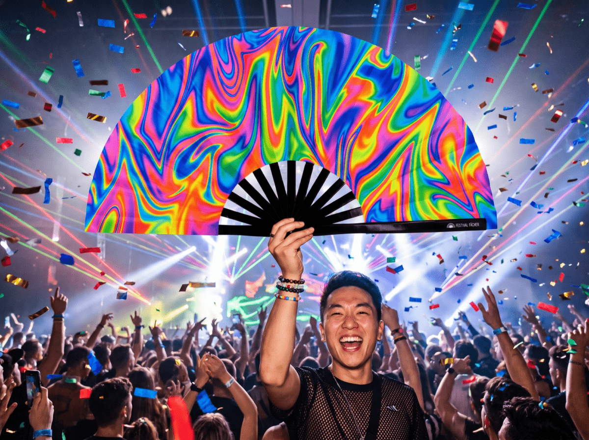 Festival-Fächer Psychedelic Fire Bunt für Techno & Rave – Ansicht 4