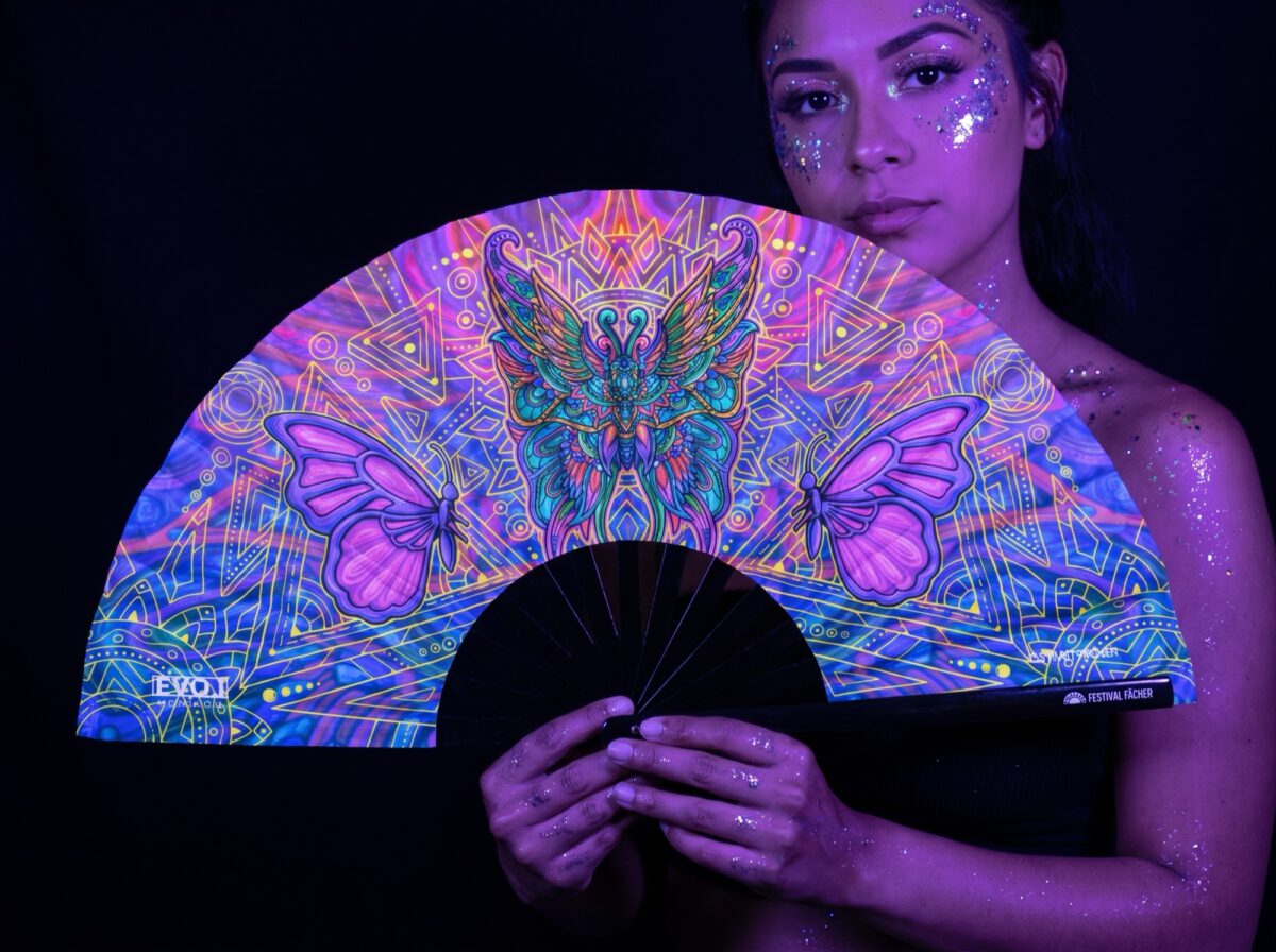 Festival-Fächer Schmetterling-Mandala Lila für Psytrance & Festival Rave (UV)