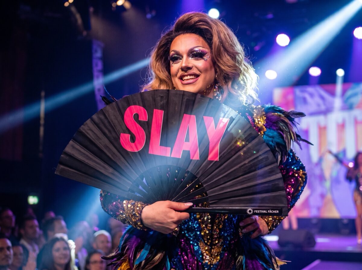 Festival-Fächer „SLAY“ in Schwarz/Pink, CSD & Rave Accessoire – Ansicht 5