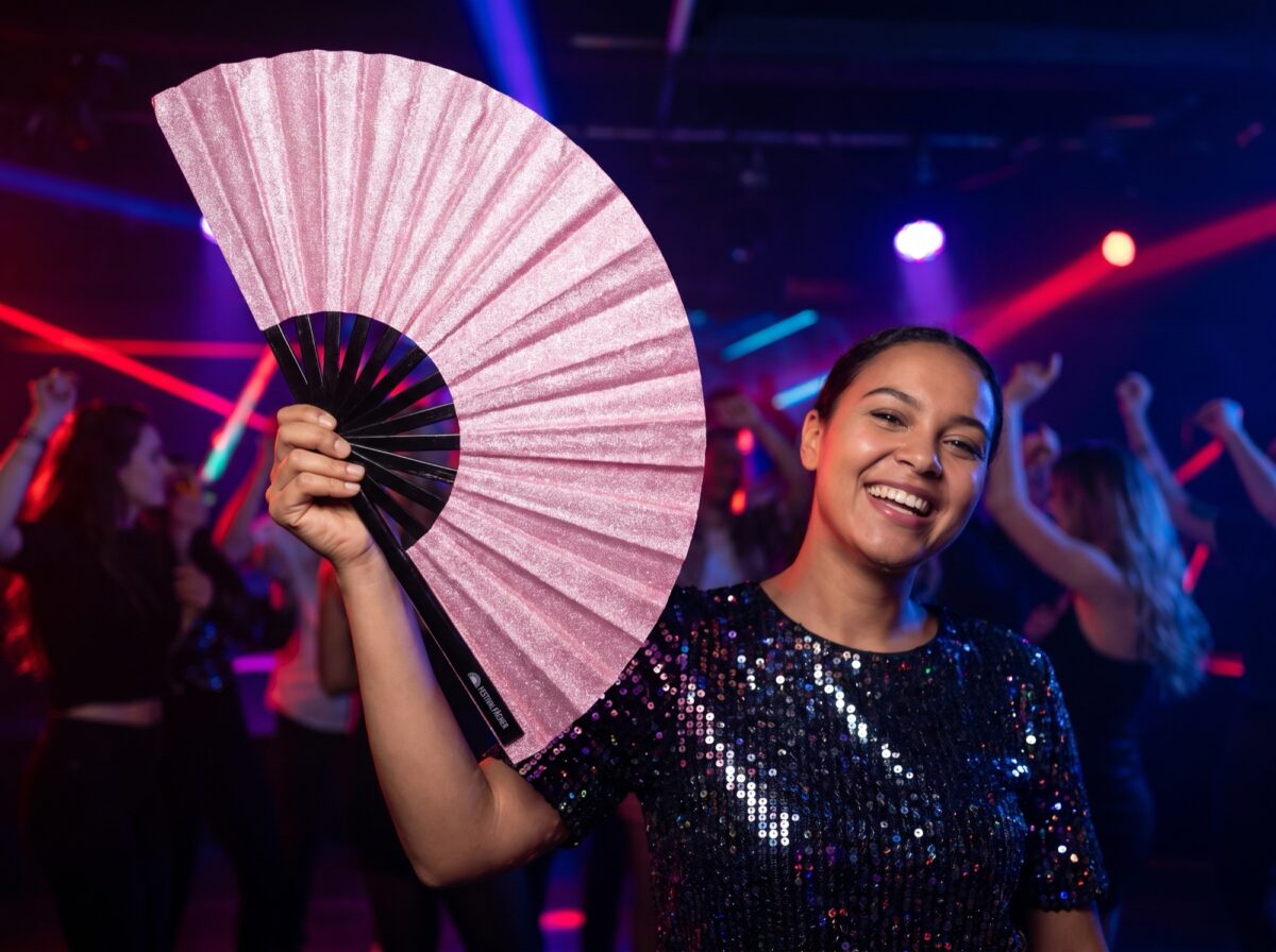 Festival-Fächer Rosa Glitzer für Festival & Party – Ansicht 2