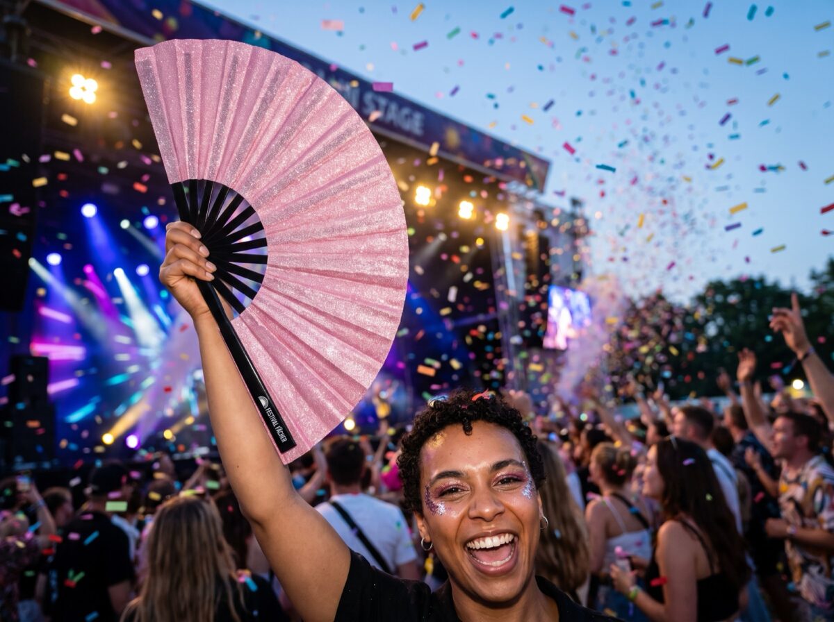 Festival-Fächer Rosa Glitzer für Festival & Party – Ansicht 4