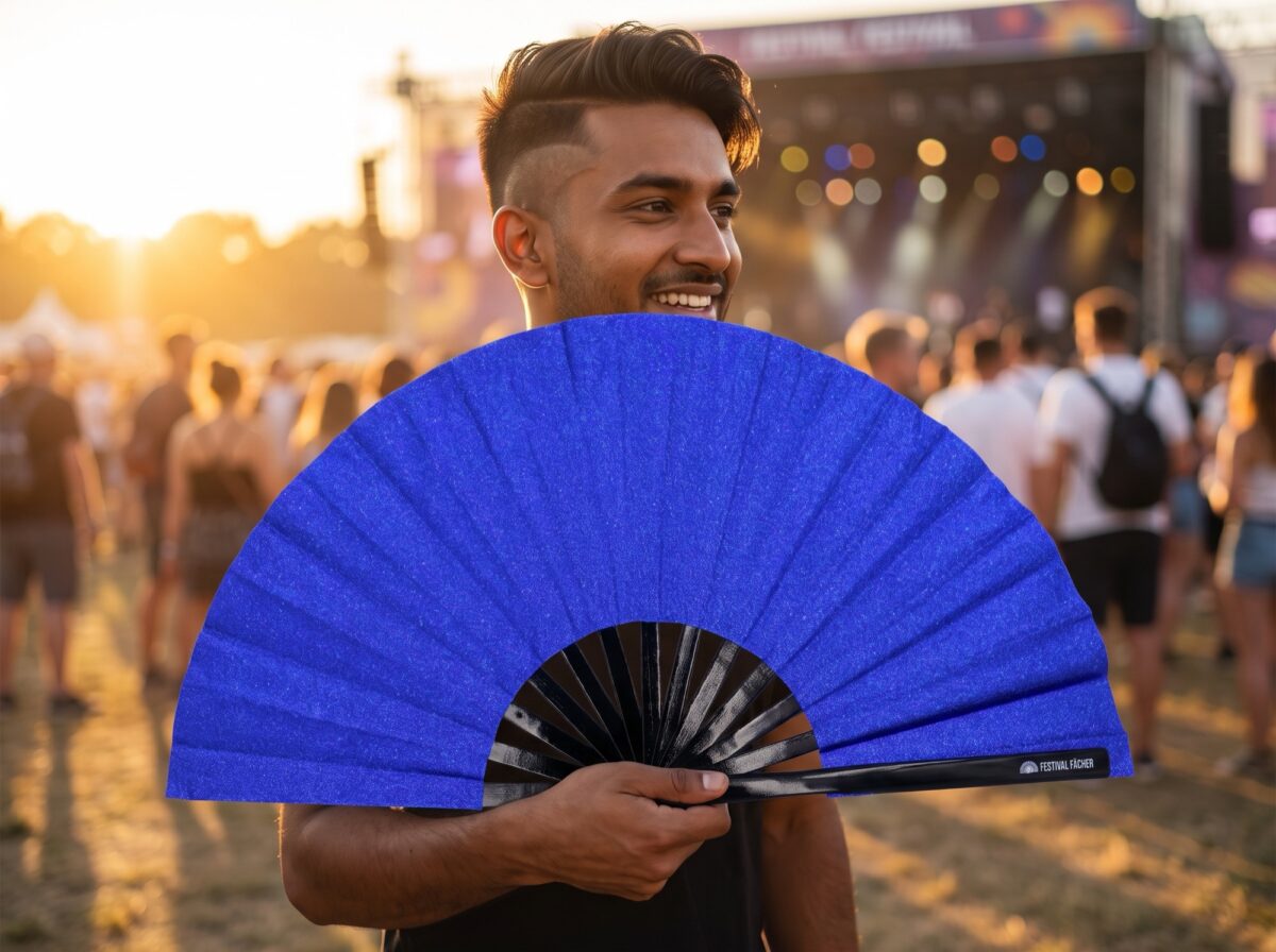 Festival-Fächer Royalblau Glitzer für Festival & Party – Ansicht 3